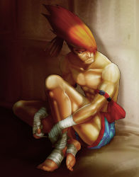 Rule 34 | 1boy, abs, adon (street fighter), ankle wrap, armband, barefoot, frown, hand wraps, headband, highres, male focus, mongkhon, muscular, orange hair, topless male, shorts, sitting, solo, street fighter, torimeiro, wrist wrap