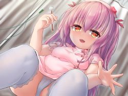 Rule 34 | blush, breasts, cameltoe, feet out of frame, from below, hair between eyes, hand up, hat, highres, himekuma ribon, holding, lace, lace legwear, long hair, looking at viewer, mimikaki, nurse, nurse cap, open mouth, orange eyes, outstretched hand, panties, pantyshot, pink hair, pink shirt, shirt, sitting, small breasts, smile, thighhighs, two side up, underwear, virtual youtuber, white legwear, white panties, ya chuifeng lai