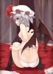Rule 34 | 1girl, :o, bat wings, bed, black thighhighs, blush, female focus, from behind, hat, hat ribbon, looking at viewer, pillow, red eyes, remilia scarlet, ribbon, silver hair, sitting, solo, squatting, thighhighs, touhou, underwear, underwear only, utakata (kochou no yume), wings