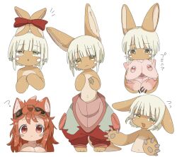 Rule 34 | 1girl, 1other, :o, ?, androgynous, animal ears, blush, body fur, bow, brown fur, colored eyelashes, ear ribbon, flying sweatdrops, furry, furry female, goggles, goggles on head, hand up, highres, holding, jitome, looking up, made in abyss, mitty (made in abyss), mitty (made in abyss) (furry), multiple views, nanachi (made in abyss), other focus, outstretched arms, pants, pink fur, pouch, puffy pants, rabbit ears, red hair, red pants, red ribbon, ribbon, short hair, sidelocks, simple background, spread arms, tail, uis0, whiskers, white background, white hair, yellow eyes