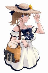Rule 34 | 1girl, absurdres, anchor symbol, bag, blue bow, blue eyes, bow, bracelet, breasts, brown hair, cosplay, cropped legs, dated, dress, flower, hat, hat flower, highres, intrepid (kancolle), jewelry, kantai collection, large breasts, ponytail, shoulder bag, simple background, smile, solo, sozan, straw hat, sundress, twitter username, white background, white dress, yellow flower, yukikaze (kancolle), yukikaze (kancolle) (cosplay)
