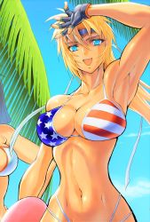 Rule 34 | american flag bikini, bikini, blonde hair, blue eyes, breasts, flag print, highres, large breasts, long hair, martial champion, open mouth, palm tree, racheal, smile, swimsuit, tree