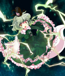 Rule 34 | 1girl, alphes (style), bad id, bad pixiv id, brown eyes, dress, female focus, ghost, ghost tail, green dress, green hair, hat, jyuri otoko, lightning, long sleeves, maguroido, ofuda, open mouth, outstretched arm, outstretched hand, parody, short hair, soga no tojiko, solo, style parody, tate eboshi, touhou