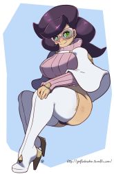 Rule 34 | 1girl, ass, blush, breasts, creatures (company), curvy, game freak, geeflakes, glasses, green eyes, high heels, highres, large breasts, looking at viewer, nintendo, plump, pokemon, pokemon sm, purple hair, solo, sweater, thick thighs, thighs, wicke (pokemon)