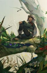 Rule 34 | armband, black hair, black pants, blurry, blurry background, boots, cloak, flower, full body, goggles, goggles on head, grass, green jacket, highres, hood, in tree, jacket, knee up, kuto (kuroto), long sleeves, outdoors, pants, pixiv fantasia, pixiv fantasia mountain of heaven, sitting, solo, tree