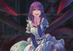 Rule 34 | 10s, 1girl, black sclera, blood, blood on clothes, blood on face, colored sclera, dated, dress, feihong, glasses, hand to own mouth, kagune (tokyo ghoul), kamishiro rize, long hair, looking at viewer, monster girl, naughty face, open mouth, purple hair, red-framed eyewear, red eyes, semi-rimless eyewear, signature, sitting, solo, teeth, tentacles, tokyo ghoul, tongue, under-rim eyewear, upper teeth only