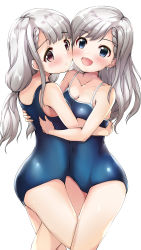 Rule 34 | 2girls, :d, absurdres, bare arms, bare shoulders, blue eyes, blue one-piece swimsuit, blush, braid, breasts, brown eyes, cleavage, closed mouth, collarbone, commentary request, competition school swimsuit, earrings, grey hair, highres, hisakawa hayate, hisakawa nagi, hug, idolmaster, idolmaster cinderella girls, jewelry, kuroba aki, multiple girls, one-piece swimsuit, open mouth, school swimsuit, siblings, simple background, sisters, small breasts, smile, swimsuit, twins, white background