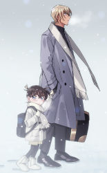 Rule 34 | 2boys, amuro tooru, backpack, bag, black-framed eyewear, black bag, black footwear, black legwear, black pants, black sweater, blue eyes, boots, breath, briefcase, brown gloves, brown shorts, child, closed mouth, coat, commentary request, edogawa conan, floating scarf, footprints, from side, full body, glasses, gloves, grey background, grey coat, grey footwear, grey gloves, grey scarf, hair between eyes, highres, holding, holding briefcase, holding hands, holding strap, k (gear labo), long sleeves, looking at viewer, looking to the side, male focus, meitantei conan, multiple boys, open clothes, open coat, open mouth, pants, pantyhose, purple coat, scarf, shoes, shorts, simple background, snowing, sweater, turtleneck, turtleneck sweater, walking, winter, winter clothes