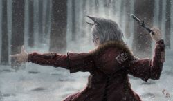 Rule 34 | 1girl, absurdres, animal ears, arknights, artist request, atlook, blizzard, character name, commentary request, forest, fur-trimmed hood, fur trim, grey hair, highres, hood, hooded jacket, jacket, knife, nature, projekt red (arknights), snow, snowing, solo, weapon, wolf ears, wolf girl, yellow eyes