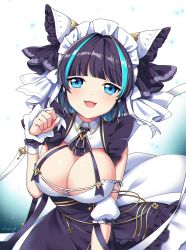 Rule 34 | 1girl, :3, :d, azur lane, black hair, blue eyes, blunt bangs, bow, bowtie, breasts, cheshire (azur lane), cleavage, commentary request, detached collar, detached sleeves, ebino mayo, hair bow, hair ribbon, highres, large breasts, looking at viewer, maid, maid headdress, multicolored hair, open mouth, paw pose, ribbon, scrunchie, short hair, sidelocks, simple background, smile, solo, streaked hair, two-tone hair, white background, wrist scrunchie