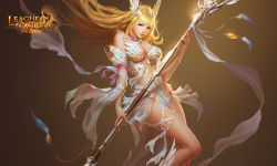 Rule 34 | 1girl, blonde hair, breasts, cleavage, copyright name, hair ornament, large breasts, league of angels, long hair, midriff, realistic, rike lee, see-through, solo, staff, yellow eyes