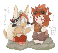 Rule 34 | 1girl, 1other, androgynous, bad id, bad twitter id, brown eyes, claws, clipboard, furry, goggles, goggles on head, highres, holding, holding clipboard, holding pen, kawasemi27, long hair, looking at another, made in abyss, mitty (made in abyss) (furry), nanachi (made in abyss), pen, red eyes, red hair, short hair, sitting, thought bubble, translation request, whiskers, white hair