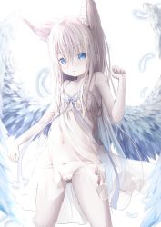Rule 34 | 1girl, animal ear fluff, animal ears, bare arms, bare shoulders, blue wings, bow, bow panties, cameltoe, closed mouth, collarbone, commentary request, dress, feathered wings, feathers, gluteal fold, hand up, highres, light brown hair, long hair, looking at viewer, navel, original, panties, see-through, side-tie panties, sleeveless, sleeveless dress, solo, underwear, utatanecocoa, very long hair, white background, white dress, white feathers, white panties, wings