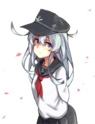 Rule 34 | 10s, 1girl, arms behind back, bad id, bad pixiv id, blue eyes, blue hair, cherry blossoms, hat, hibiki (kancolle), kantai collection, long hair, looking at viewer, matching hair/eyes, pleated skirt, school uniform, serafuku, simple background, skirt, solo, white background, wulazula