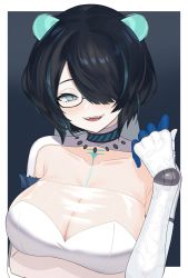 Rule 34 | 1girl, android, black-framed eyewear, black hair, blue eyes, breasts, cleavage, collarbone, erina makina, glasses, green hair, highres, large breasts, lazycoffee (wyen iscordo), looking to the side, mechanical arms, multicolored hair, phase connect, portrait (object), see-through, see-through cleavage, semi-rimless eyewear, short hair, smile, solo, streaked hair, under-rim eyewear, virtual youtuber