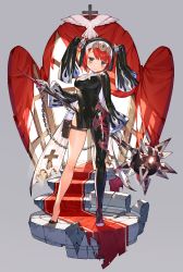Rule 34 | 1girl, absurdres, asymmetrical clothes, asymmetrical footwear, asymmetrical legwear, bags under eyes, blood, bloody weapon, bodysuit, chain, commentary request, cross, fingernails, frown, habit, hachihito, half-closed eyes, high heels, highres, holding, holding weapon, mace, mismatched footwear, nun, original, pouch, red hair, sharp fingernails, shiny clothes, short hair, single pantsleg, skin tight, solo, stairs, thigh pouch, uneven footwear, uneven legwear, weapon