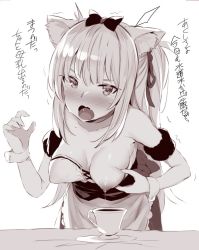 Rule 34 | 1girl, animal ears, azur lane, blush, breast milk, breasts, cat ears, collarbone, cup, fang, hair ribbon, hammann (azur lane), lactating into container, lactation, long hair, looking at viewer, medium breasts, monochrome, nipples, noripachi, open mouth, plate, ribbon, solo, table, teacup, translated, trembling, white background