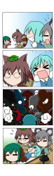 Rule 34 | &gt; &lt;, 4girls, 4koma, = =, @ @, absurdres, animal ears, blue hair, brown hair, capelet, carrying, cat&#039;s cradle, chibi, closed eyes, comic, cyclops, dress, flying sweatdrops, foaming at the mouth, futatsuiwa mamizou, gem, glasses, gradient background, green hair, grey dress, grin, highres, jewelry, kasodani kyouko, leaf, leaf on head, monster, mouse ears, mouse tail, multiple girls, nazrin, necklace, object on head, one-eyed, open mouth, pendant, pince-nez, raccoon ears, raccoon tail, rakugaki-biyori, screaming, silent comic, skeleton, smile, stretcher, tail, tatara kogasa, tongue, tongue out, touhou