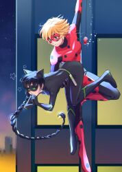 1boy 1girl adrien_agreste animal_ears black_bodysuit black_hair black_mask bodysuit braid cat_ears cat_girl green_eyes highres holding lady_noir long_hair marinette_dupain-cheng miraculous_ladybug misterbug_(character) night night_sky open_mouth red_bodysuit red_mask single_braid sky slit_pupils superhero_costume tomm0515 very_long_hair yo-yo