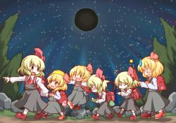Rule 34 | 6+girls, :d, aratami isse, backpack, bag, blonde hair, book, collaboration, commentary request, flying, glasses, hair ribbon, multiple girls, multiple persona, new moon, oi gatsuo, open book, open mouth, prank, randoseru, reading, ribbon, rumia, school bag, shirt, short hair, skirt, smile, sweatdrop, touhou, vest, walking, | |
