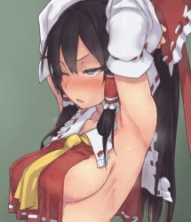 Rule 34 | 1girl, animated, animated gif, armpits, arms up, ascot, bare shoulders, black hair, blush, bouncing breasts, breast curtains, breasts, green eyes, hair between eyes, hair tubes, hakurei reimu, implied sex, long hair, medium breasts, necktie, no bra, one eye closed, open mouth, ribbon-trimmed sleeves, ribbon trim, saliva, sideboob, solo, sweat, touhou, try (lsc), upper body