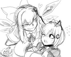 Rule 34 | 3girls, alternate breast size, antennae, blush, bow, breasts, cirno, daiyousei, greyscale, hair bow, huge breasts, ice, ice wings, large breasts, licking lips, long hair, monochrome, multiple girls, aged up, sketch, spacezin, tongue, tongue out, touhou, wings, wriggle nightbug, you gonna get raped