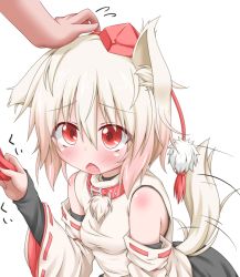 Rule 34 | 1girl, animal ears, bare shoulders, blush, collar, detached sleeves, fang, hand on another&#039;s head, hat, hat ribbon, head pat, headpat, hetero, inubashiri momiji, oden (th-inaba), open mouth, red eyes, ribbon, shirt tug, silver hair, smile, tail, tail wagging, tokin hat, touhou, wolf ears, wolf tail
