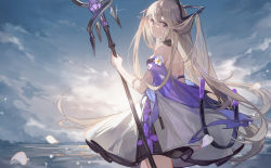 Rule 34 | 1girl, arknights, bare shoulders, black collar, blonde hair, blue sky, collar, cowboy shot, dress, ergouzi echo, flower, from behind, headgear, highres, holding, holding staff, indigo (arknights), infection monitor (arknights), long hair, looking at viewer, looking back, outdoors, purple eyes, purple ribbon, ribbon, sky, solo, staff, strapless, strapless dress, sun, very long hair, white dress, white flower
