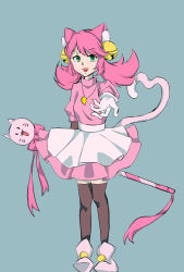 Rule 34 | 1girl, animal ears, bell, cat ears, cat tail, highres, jingle bell, long hair, mad mew mew, magical girl, pink hair, pink ribbon, puffy short sleeves, puffy sleeves, ribbon, short sleeves, skirt, smile, solo, standing, tail, undertale