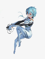 Rule 34 | 1girl, :|, absurdres, arms on knees, ayanami rei, blue hair, bodysuit, breasts, closed mouth, collar, controller, cuffs, expressionless, full body, hair between eyes, hairpods, hands up, highres, holding, holding controller, interface headset, invisible chair, leg up, light blue hair, long hair, looking ahead, medium breasts, neon genesis evangelion, orange collar, orange eyes, pilot suit, plugsuit, rongzhen, sidelocks, simple background, sitting, solo, white background, white bodysuit, wind
