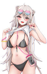 Rule 34 | 1girl, :d, ahoge, animal ears, bikini, blush, breasts, cellphone, chromatic aberration, clothes lift, ear piercing, eyewear on head, fangs, gluteal fold, grey eyes, grey hair, hair between eyes, highres, hololive, large breasts, lion ears, long hair, looking at viewer, nerorigogo, open mouth, phone, piercing, sagging breasts, shirt, shirt lift, shishiro botan, smile, solo, swimsuit, virtual youtuber, white background