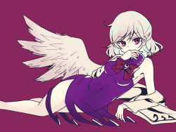 Rule 34 | 1girl, alternate costume, angel wings, bare shoulders, beige jacket, bow, bowtie, braid, breasts, collared dress, covered navel, dress, finger to mouth, french braid, hair between eyes, hand to own mouth, highres, jacket, unworn jacket, kishin sagume, looking at viewer, lying, medium breasts, on side, purple background, purple dress, purple eyes, red bow, red bowtie, short hair, silver hair, solo, subaru (subachoco), thighs, touhou, wings
