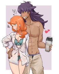Rule 34 | 1boy, 1girl, :t, abs, bottle, bra, breasts, buttons, cleavage, closed eyes, closed mouth, collarbone, commentary request, creatures (company), dark-skinned male, dark skin, echizen (n fns17), facial hair, game freak, green bra, green eyes, green panties, grin, hair ornament, hand on another&#039;s hip, heart, heart hair ornament, hetero, holding, holding bottle, leon (pokemon), long hair, male underwear, navel, nintendo, orange hair, panties, pants, pokemon, pokemon swsh, pout, purple hair, shirt, sleeves rolled up, smile, sonia (pokemon), squiggle, teeth, topless male, underwear, water bottle