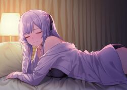 Rule 34 | 1girl, 3 small spiders, ak-12 (girls&#039; frontline), arm support, ass, bare shoulders, black bra, black panties, bra, breasts, closed eyes, girls&#039; frontline, grey hair, indoors, lamp, long hair, lying, medium breasts, no pants, off shoulder, on bed, on stomach, open clothes, open shirt, panties, pillow, shirt, smile, solo, underwear, white shirt