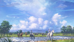 Rule 34 | 1boy, 1other, 2girls, absurdres, ambiguous gender, animal, black footwear, black hair, blue sky, boots, bow (weapon), branch, breasts, cloud, cloudy sky, commentary request, day, facing away, flag, grass, highres, holding, holding reins, holding weapon, horizon, horse, leaning to the side, long hair, looking at another, meadow, multiple girls, original, outdoors, plant, polearm, ponytail, quiver, reins, rhinoceros, river, rock, saddle, saddlebags, scenery, shiki makoto, shooting star, short hair, signature, sky, spear, tree, tree shade, weapon, white hair