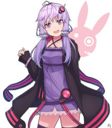 Rule 34 | 1girl, amekaze yukinatsu, bad id, bad pixiv id, bracelet, collarbone, criss-cross halter, dress, hair ornament, halterneck, highres, hood, hoodie, jewelry, low twintails, open clothes, open hoodie, open mouth, purple dress, purple eyes, purple hair, purple thighhighs, short hair with long locks, solo, thighhighs, twintails, vocaloid, voiceroid, yuzuki yukari