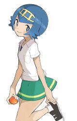 Rule 34 | 1girl, artist request, black footwear, blue eyes, blue hair, blush, bright pupils, child, closed mouth, collared shirt, cosplay, creatures (company), game freak, green skirt, hairband, highres, holding, holding poke ball, lana (pokemon), lass (pokemon), lass (pokemon) (cosplay), leg up, looking at viewer, nintendo, no sclera, poke ball, poke ball (basic), pokemon, pokemon (anime), pokemon rse, pokemon sm (anime), shirt, shoes, short hair, simple background, skirt, smile, socks, solo, white background, white pupils, white shirt, white socks, yellow hairband