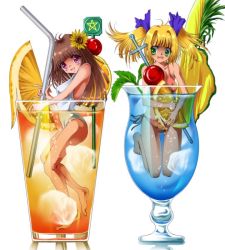 Rule 34 | bikini, blonde hair, brown hair, cocktail, dr rex, drink, flower, glasses, green eyes, ice, long hair, mini person, minigirl, one-piece swimsuit, original, purple eyes, sunflower, swimsuit, twintails, white one-piece swimsuit