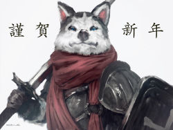 Rule 34 | 1other, armor, bad id, bad pixiv id, blue eyes, breastplate, brown gloves, chinese zodiac, closed mouth, commentary request, fantasy, furry, gloves, holding, holding shield, holding sword, holding weapon, husky, looking at viewer, original, pauldrons, red scarf, satoru wada, scarf, shield, shoulder armor, signature, simple background, sword, translation request, upper body, weapon, white background, year of the dog