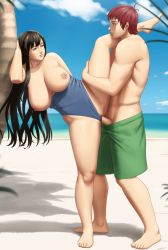 Rule 34 | 10s, 1boy, 1girl, against tree, bad id, bad tumblr id, barefoot, beach, black hair, blue eyes, blue one-piece swimsuit, breasts, brown eyes, character request, clothed sex, clothes pull, clothing aside, day, eye contact, green male swimwear, green swim trunks, happy sex, hetero, highres, iowa (pacific), kantai collection, large breasts, leg up, long hair, looking at another, lvl (sentrythe2310), male swimwear, male swimwear pull, nipples, no headwear, one-piece swimsuit, one-piece swimsuit aside, one-piece swimsuit pull, pacific (kancolle), penis, red hair, sex, smile, swim trunks, swim trunks pull, swimsuit, swimsuit aside, tree, uncensored