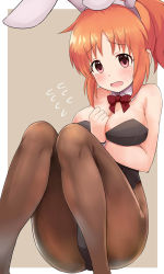 Rule 34 | 10s, 1girl, abe nana, animal ears, black leotard, black pantyhose, blush, breasts, brown background, brown eyes, embarrassed, fake animal ears, flying sweatdrops, hand on own chest, hands up, highres, idolmaster, idolmaster cinderella girls, large breasts, leotard, looking at viewer, okitsugu, open mouth, orange hair, pantyhose, playboy bunny, ponytail, rabbit ears, sidelocks, simple background, solo, sweatdrop, tears, thighs, wavy mouth