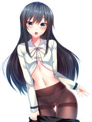 Rule 34 | 10s, 1girl, asashio (kancolle), black dress, blue eyes, blue hair, blush, breasts, brown pantyhose, clothes pull, collared shirt, contrapposto, cowboy shot, crop top, crotch seam, dress, dress pull, eyebrows, gluteal fold, highres, kantai collection, long hair, long sleeves, midriff, navel, neck ribbon, no panties, pantyhose, pulled by self, red ribbon, ribbon, round teeth, shirt, silly (marinkomoe), simple background, skinny, slender, small breasts, solo, standing, stomach, swimsuit, teeth, thigh gap, thighband pantyhose, undressing, very long hair, white background, wing collar