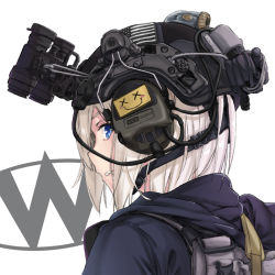 Rule 34 | 1girl, american flag, headset, helmet, ivan wang, looking at viewer, military, night-vision device, original, portrait, simple background, solo, white background