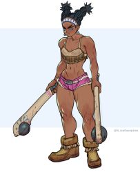Rule 34 | 1girl, adapted costume, black hair, brown eyes, bunches, capcom, club (weapon), commentary, crop top, cutoffs, dark-skinned female, dark skin, dual wielding, earrings, english commentary, flat chest, full body, highres, holding, holding club, jewelry, lily hawk, medium hair, moccasins, muscular, muscular female, native american, pink shorts, pogamoggan, shorts, solo, spaghetti strap, standing, street fighter, street fighter 6, tassel, thick thighs, thighs, twintails, wallace pires, weapon