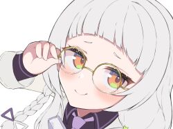 Rule 34 | 1girl, absurdres, blunt bangs, blush, book, close-up, glasses, highres, hololive, long sleeves, looking at viewer, murasaki shion, necktie, sidelocks, smile, solo, usa mishin, virtual youtuber, white hair, yellow-framed eyewear, yellow eyes