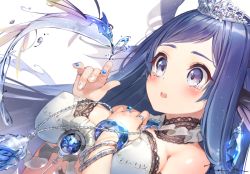 Rule 34 | 1girl, bad id, bad twitter id, bare shoulders, blue eyes, blue gemstone, blue hair, blue nails, blush, bra, bracelet, breasts, character request, commentary request, crystal, detached collar, gem, glint, hand on own chest, hands up, heart, holding, holding jewelry, holding necklace, hydrokinesis, jewelry, unworn jewelry, lace, large breasts, long hair, looking away, multicolored nails, nail polish, necklace, unworn necklace, open mouth, parted bangs, ring, ryota (ry o ta), shell, signature, simple background, solo, straight hair, tears, tiara, underwear, upper body, water, white background, white bra, white nails