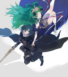 Rule 34 | 1boy, 1girl, armor, black armor, blue eyes, blue hair, braid, byleth (fire emblem), byleth (male) (fire emblem), closed mouth, fire emblem, fire emblem: three houses, green eyes, green hair, hair ornament, heroes relic (fire emblem), highres, long hair, looking at viewer, nintendo, open mouth, pointy ears, short hair, simple background, sothis (fire emblem), sword, sword of the creator, teeth, tiara, twin braids, weapon