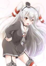 Rule 34 | 10s, 1girl, :d, amatsukaze (kancolle), brown eyes, choker, collarbone, commentary request, dress, fang, garter straps, gu-rahamu omega x, hair tubes, hairband, hands on own hips, kantai collection, leaning forward, long hair, looking at viewer, open mouth, sailor dress, school uniform, serafuku, silver hair, smile, solo, two side up