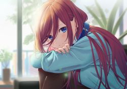 Rule 34 | 1girl, black pantyhose, blue eyes, blue sweater, blurry, blurry background, blush, breast press, breasts, cloud, commentary request, depth of field, from side, go-toubun no hanayome, hair between eyes, headphones, headphones around neck, indoors, knees up, leaning forward, long hair, long sleeves, looking at viewer, looking to the side, medium breasts, nakano miku, pantyhose, poligon (046), red hair, sitting, smile, solo, sweater, very long hair