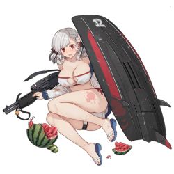 Rule 34 | 1girl, arm support, ass, bare shoulders, bikini, black ribbon, blush, braid, breasts, cleavage, collarbone, combat shotgun, damaged, dual-mode shotgun, flower, food, fruit, full body, girls&#039; frontline, gun, gun sling, hair flower, hair ornament, hair ribbon, hand up, head tilt, holding, holding surfboard, jacket, charm (object), large breasts, long hair, long sleeves, looking at viewer, lying, official alternate costume, official art, open clothes, open jacket, open mouth, pump-action shotgun, pump action, red eyes, ribbon, sandals, semi-automatic firearm, semi-automatic shotgun, shotgun, shotgun shell, side-tie bikini bottom, silver hair, skindentation, solo, spas-12, spas-12 (girls&#039; frontline), spas-12 (midsummer fruit) (girls&#039; frontline), splatter, strap, surfboard, swimsuit, terras, thigh strap, thighs, torn clothes, torn jacket, transparent background, twintails, watermelon, wavy hair, weapon
